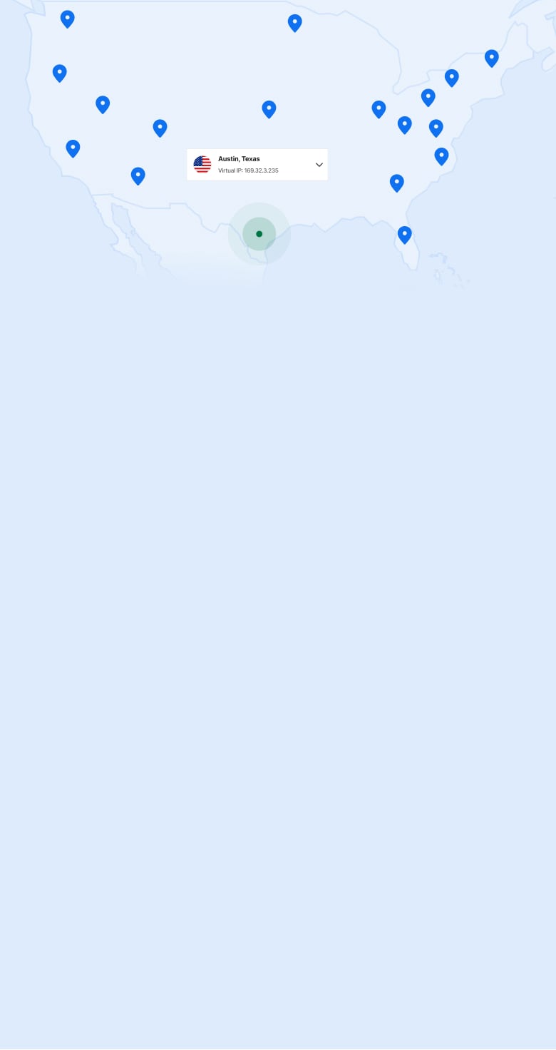 美國地圖，附有標記伺服器位置的地圖圖釘